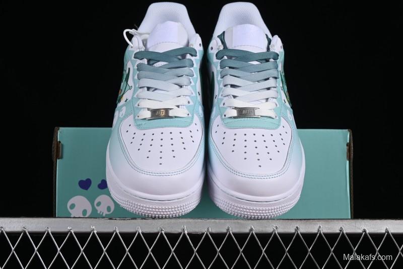 Nike Air Force 1 '07 Low Witch Collaboration Custom Leather Sneakers with Skull and Gradient White-Green Design - CW2288-111