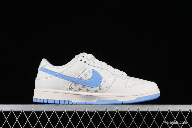 Nike SB Dunk Low LV Collaboration - Beige Blue Double Swoosh Print Anniversary Custom Low-Top Casual Sneakers - CF3688-005