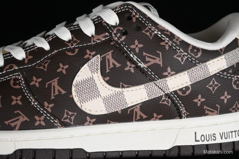 Nike SB Dunk Low LV Collaboration - Checkerboard Brown Monogram White Swoosh Anniversary High-End Custom Low-Top Casual Skate Shoes - SJ2068-255
