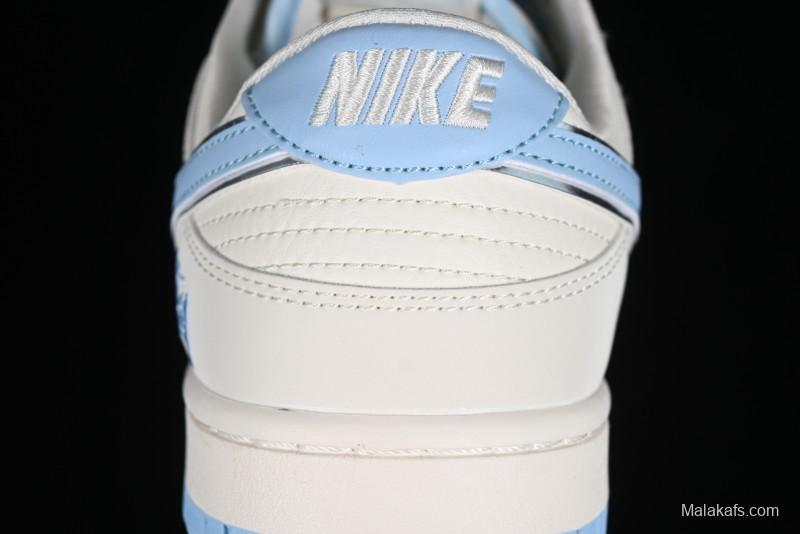 Stussy x Nike Dunk Low SB Skate Shoes in White with Light Blue Swoosh - DQ1098-380