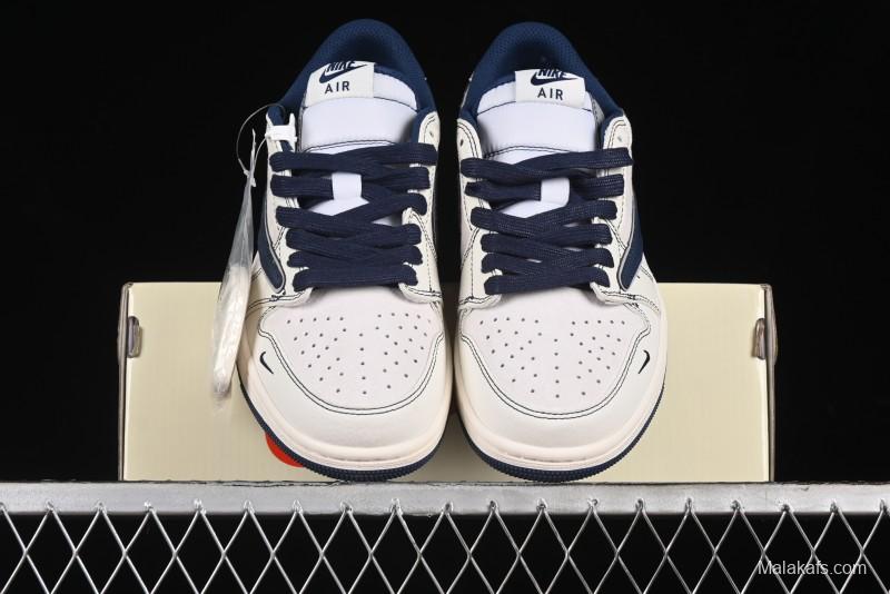 Nike Travis Scott x Fragment Design x Air Jordan 1 Low OG SP AJ1 Supreme Collaboration - Dark Blue Swoosh Low-Top Casual Sneakers - XZ2268-001