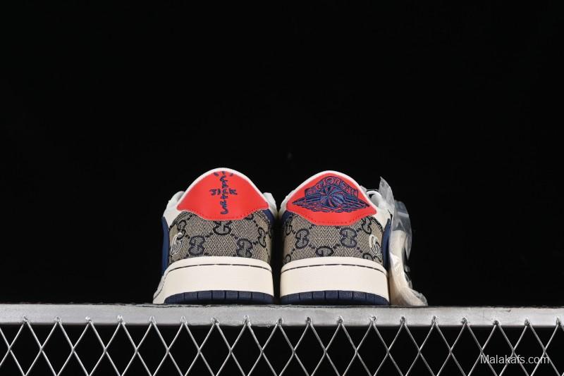 Nike Travis Scott x Fragment Design x Air Jordan 1 Low OG SP AJ1 Gucci Collaboration - Silver Logo Blue Swoosh Low Top Casual Sneakers - XY2688-118