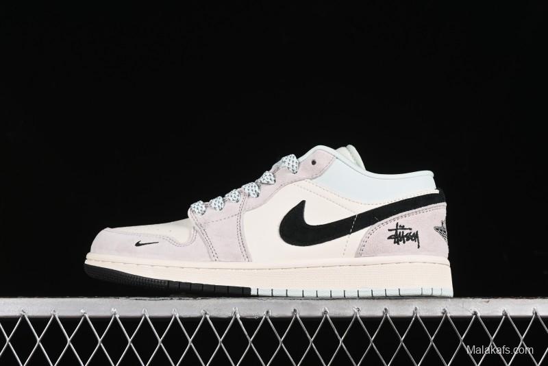 Nike Air Jordan 1 Low Stussy Collaboration - Black Blue Pigment Patchwork Retro Basketball Shoes - LJ6688-008