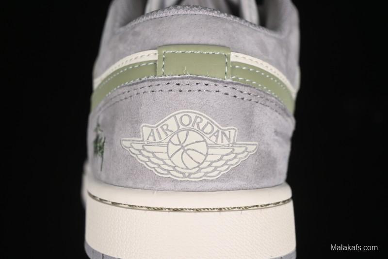 Nike Air Jordan 1 Low Stussy Collaboration - Light Green Elegant Grey Retro Basketball Shoes - WG8850-016