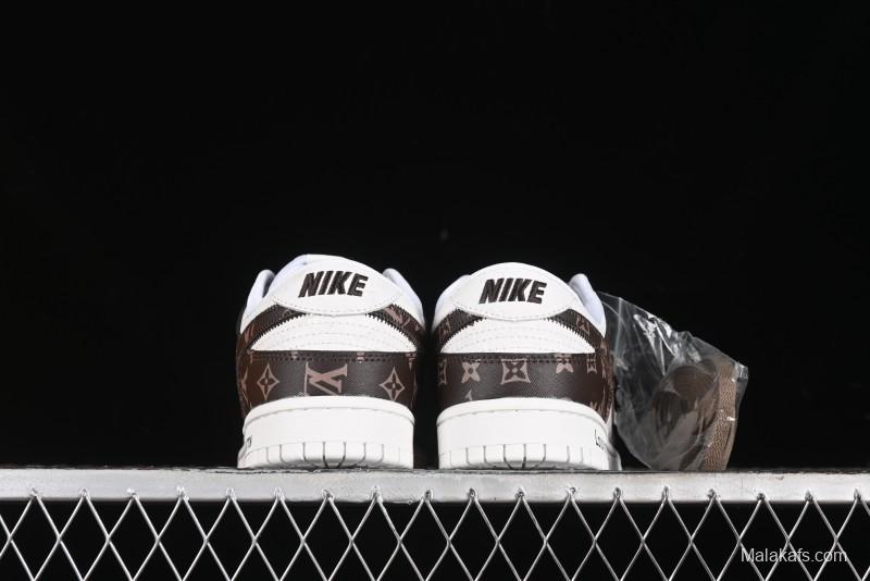 Nike SB Dunk Low LV Collaboration - Embossed White Brown Print Anniversary High-End Custom Low-Top Casual Sneakers - DQ1098-360