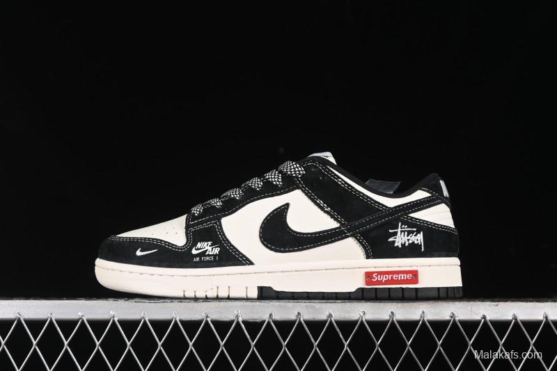 Nike SB Dunk Low Supreme x Stussy Triple Collaboration - Black White Black Swoosh Anniversary Custom Low Top Casual Skate Shoes - SJ2068-300