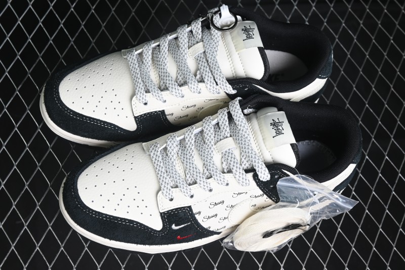 Nike SB Dunk Low Stussy Collaboration - Black White Mini Swoosh Anniversary Custom Low-Top Casual Skate Shoes - XY1688-017
