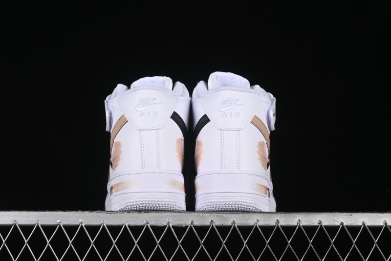 Nike Air Force 1 '07 Mid Hand-Painted White Black Brown with Swoosh Shadow Strap Mid-Top Casual Sneakers - CW2289-111