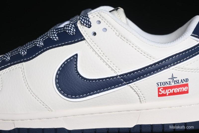 Nike SB Dunk Low Stone Island x Supreme Collaboration - Navy Blue & Off-White Anniversary High-End Custom Low-Top Casual Sneakers - BB9866-007