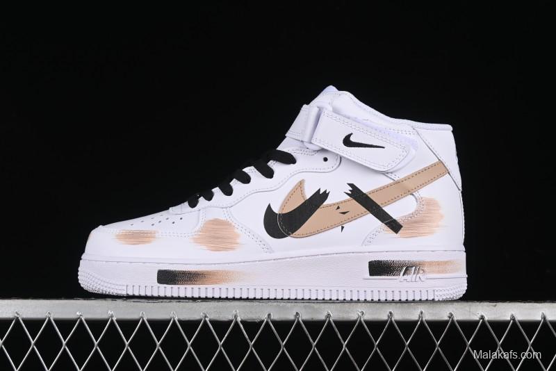 Nike Air Force 1 '07 Mid Hand-Painted White Black Brown with Swoosh Shadow Strap Mid-Top Casual Sneakers - CW2289-111