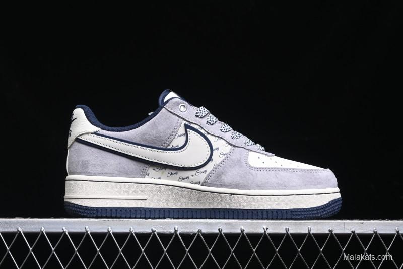 Nike Air Force 1 '07 Low Stussy Collaboration - Grey White with Blue Outsole Low-Top Casual Sneakers - SJ6698-006