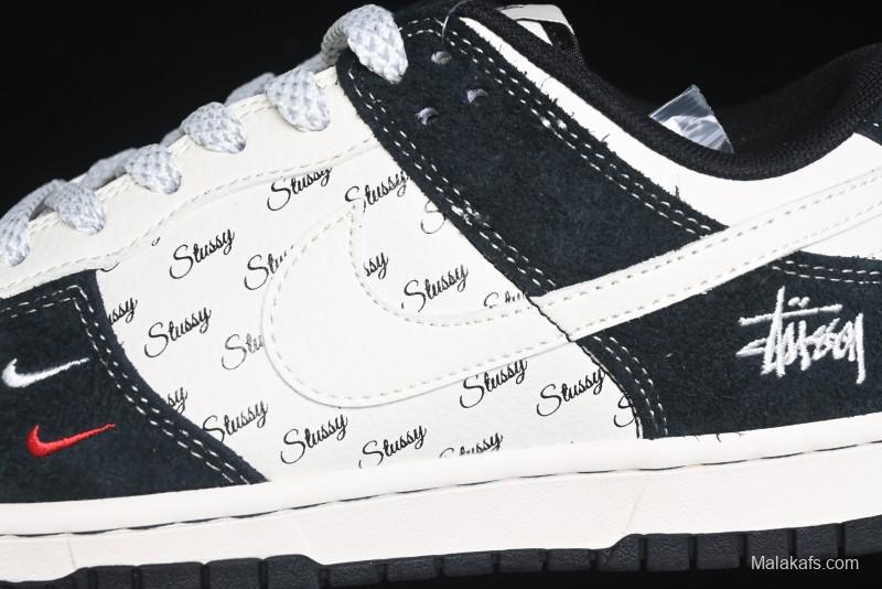Nike SB Dunk Low Stussy Collaboration - Black White Mini Swoosh Anniversary Custom Low-Top Casual Skate Shoes - XY1688-017