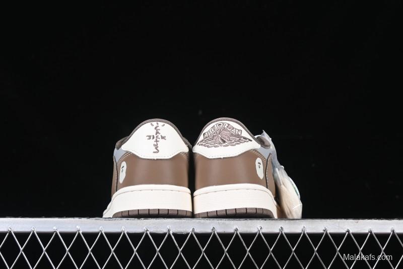 Nike Travis Scott x Fragment Design x Air Jordan 1 Low OG SP AJ1 Bape Collaboration Tea Brown Low-Top Casual Sneakers - BB6511-627