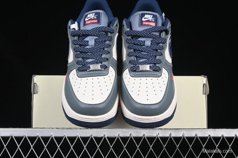 Nike Air Force 1 '07 Low Supreme Casual Sneakers in Grey Blue with Red Swoosh - XZ6188-382