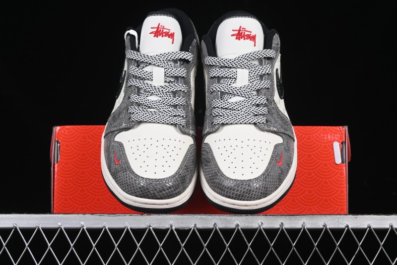 Nike Air Jordan 1 Low Retro Basketball Shoes with Custom Stussy Grey Snake Design - FC1688-202