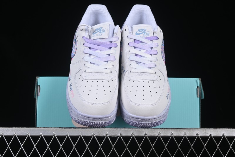 Nike Air Force 1 '07 Low Double Hearts Casual Sneakers with Hand-Drawn Anime Doodle and Pink Blue Hearts - CZ0377-002