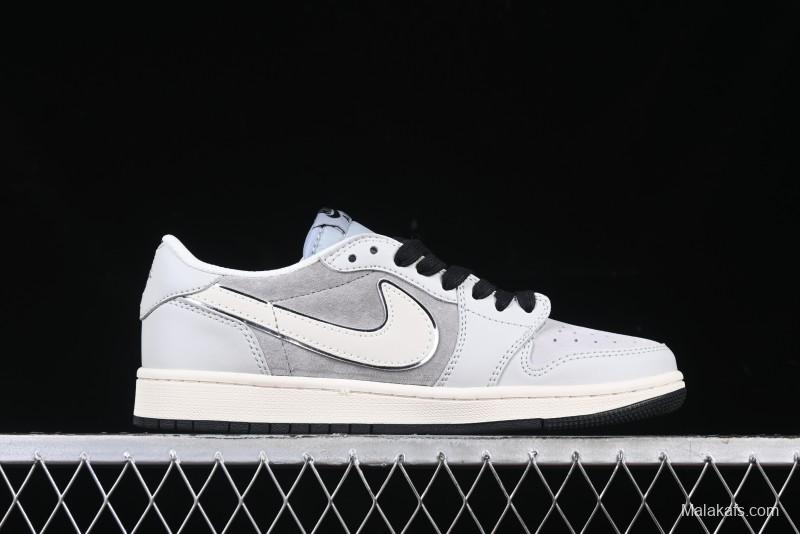 Nike Travis Scott x Fragment Design x Air Jordan 1 Low OG SP AJ1 Retro Sneakers in Summer Cicada Grey - XZ6898-001