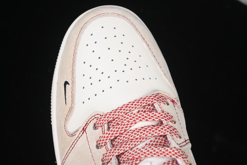 Nike Air Jordan 1 Low Stussy Collaboration Khaki Red Hook Retro Basketball Shoes - SJ9950-040