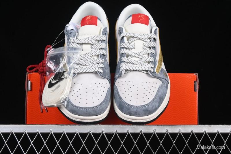 Nike Travis Scott x Fragment Design x Air Jordan 1 Low OG SP AJ1 Snake Year Limited Gold Snake Low-top Casual Sneakers - XZ2025-288