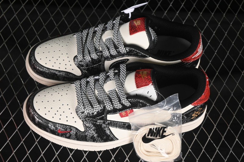 Nike Travis Scott x Fragment Design x Air Jordan 1 Low OG SP AJ1 Snake Year Limited Two-Tone Gloss Black Low-Top Casual Sneakers - YX5066-307
