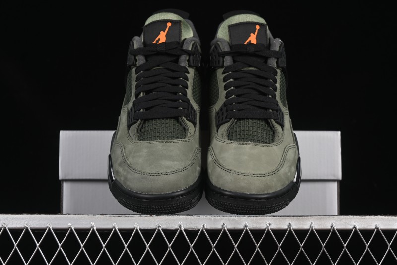 Nike Undefeated x Air Jordan 4 OG Sneakers in Olive Green Suede with Orange and Black Accents - IB1519-200