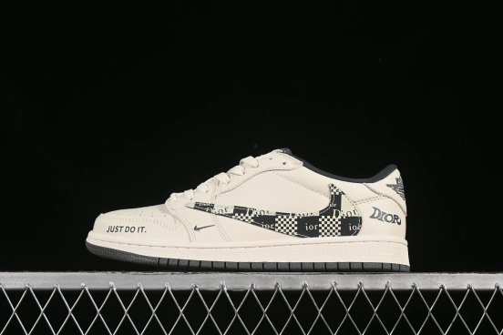 Nike Travis Scott x Fragment Design x Air Jordan 1 Low OG SP AJ1 Dior Collaboration Black Check Swoosh Low-Top Casual Sneakers - LD2025-021