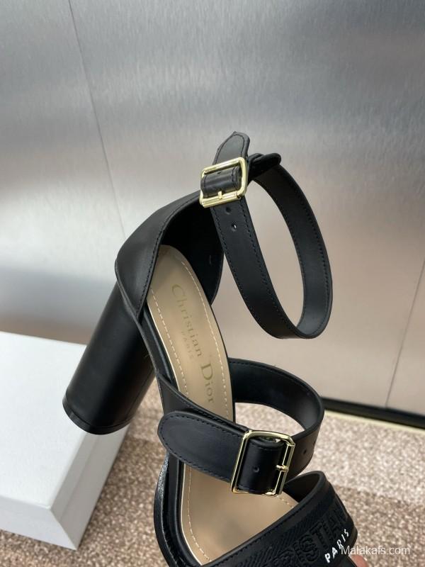 2025 Women Dior Black Leather High Heel Sandals KFY00310