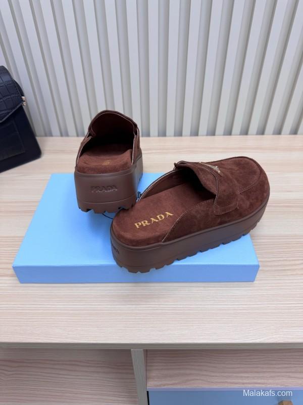 2025 Women Prada Brown Suede Platform Loafers