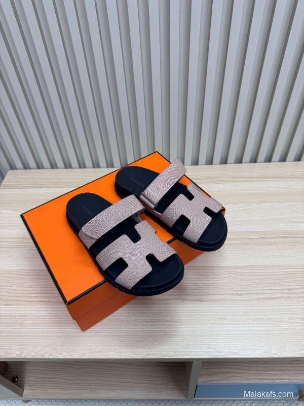 2025 Women Hermès Beige Black Leather Slippers