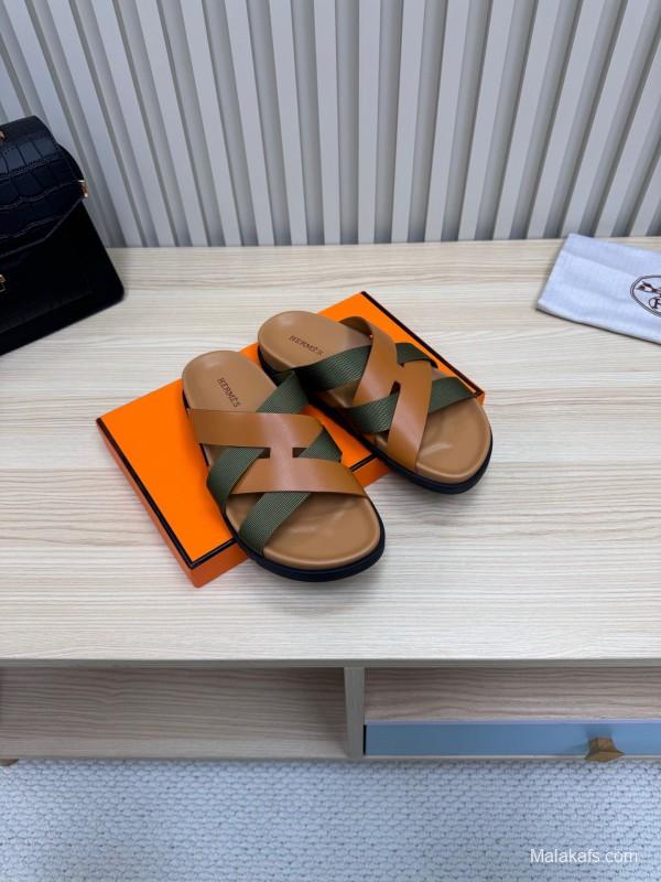 2025 Slippers Hermès Brown Green Leather Fabric Slippers