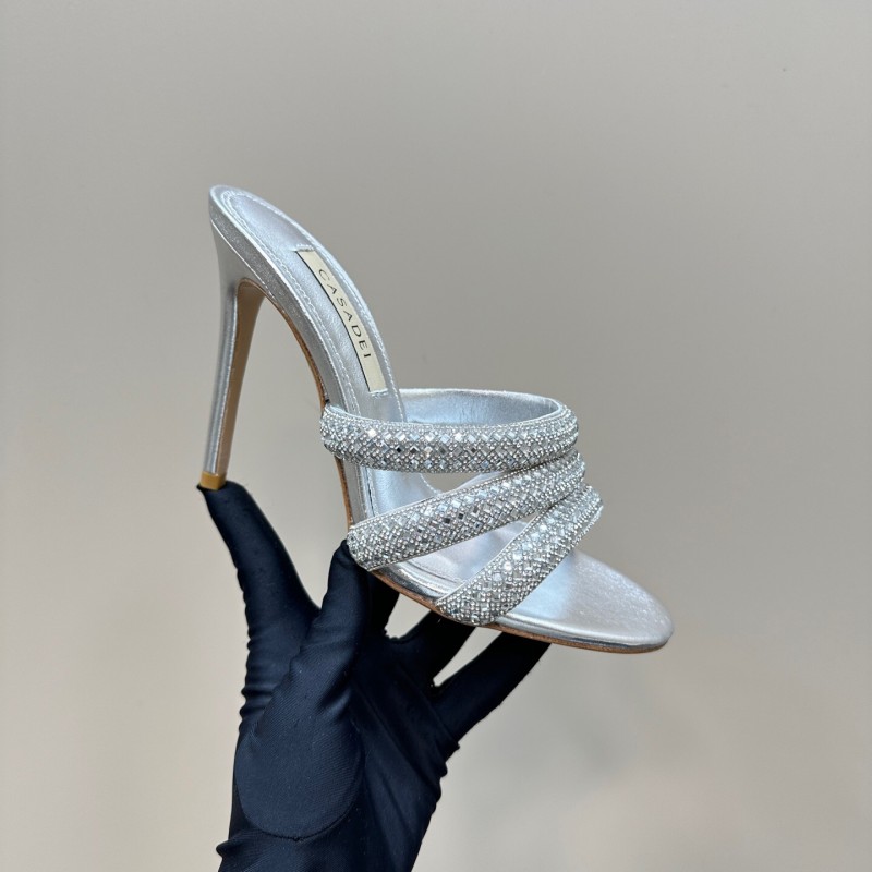 2025 Women Casadei Silver Leather High Heel Crystal Embellished KFY00290