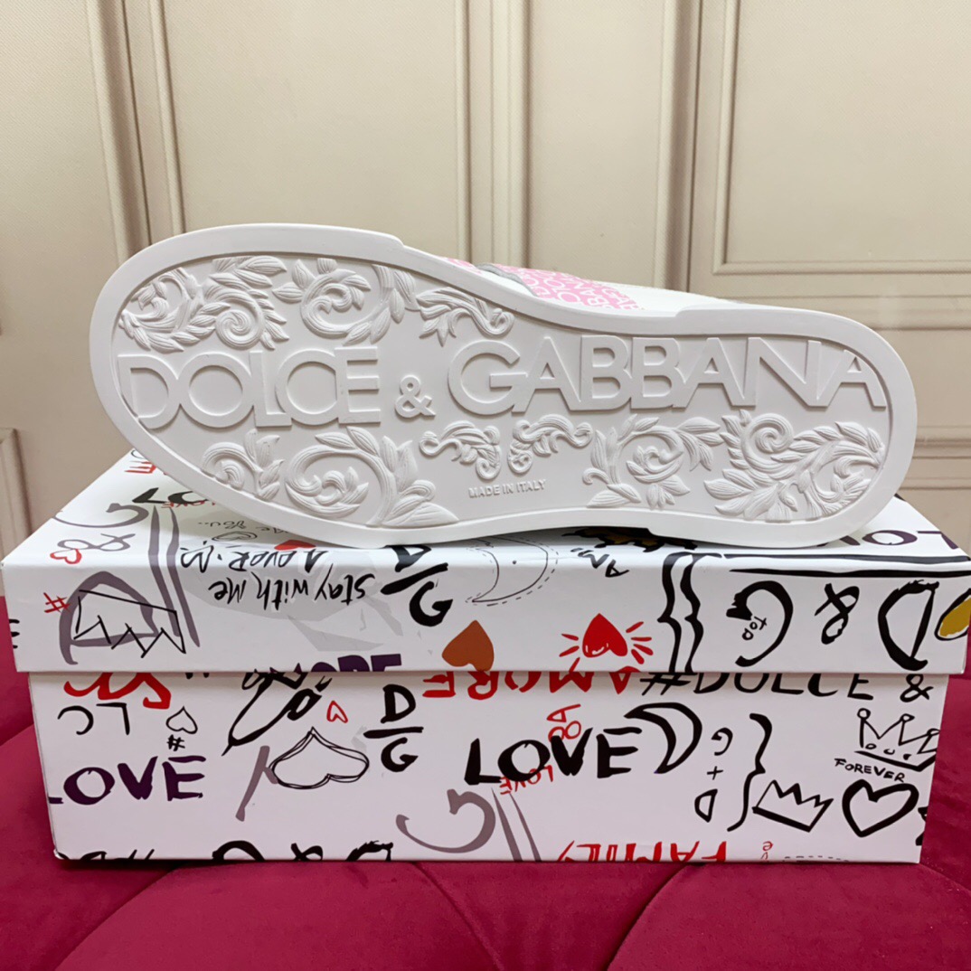 2025 Women Dolce & Gabbana White Pink Leather Sneakers LY00300