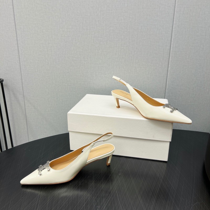 2025 Women Celine White Patent Leather Kitten Heel Pointed Toe Trimed KFY00290