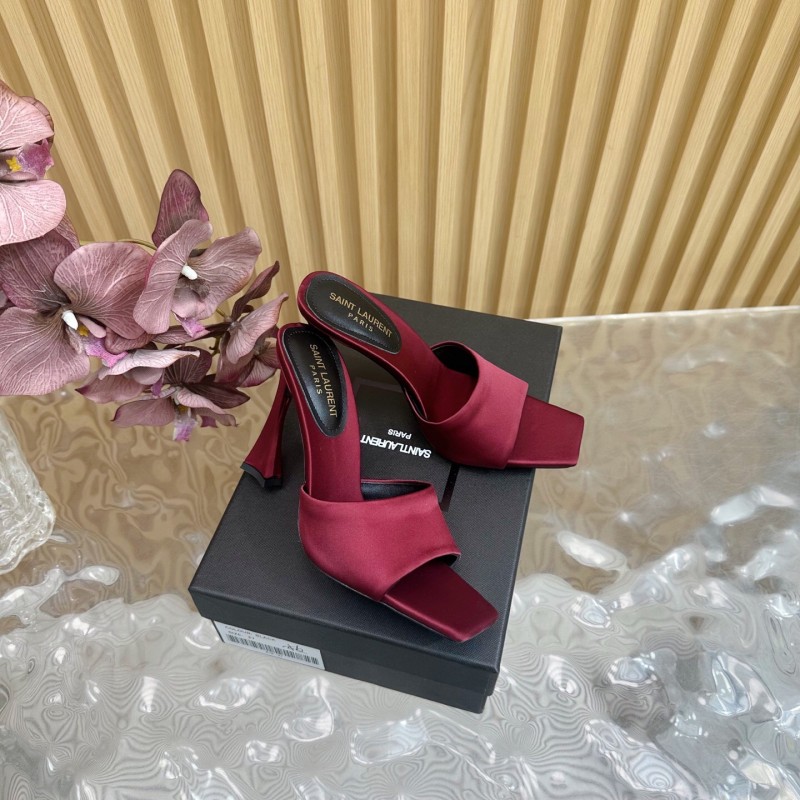 2025 Women Yves Saint Laurent Burgundy Satin High Heel Mules