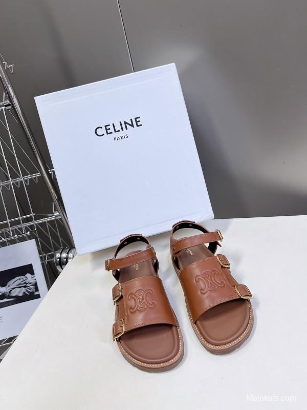 2025 Women Celine Light Brown Leather Sandals KFY00280