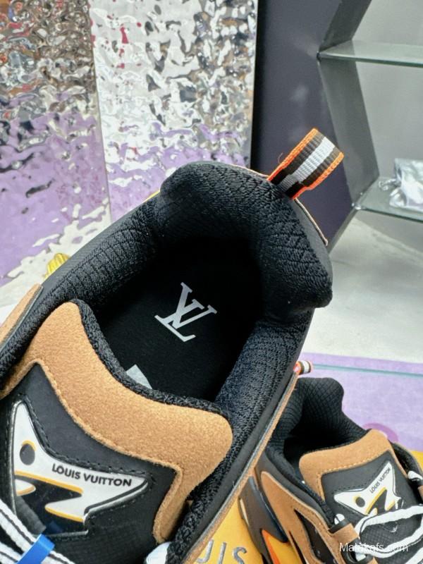 2025 Men Louis Vuitton Brown White Black Mesh Leather Sneakers MJ00420
