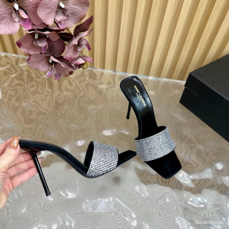 2025 Women Yves Saint Laurent Black Crystal Fabric High Heel Sandals MJ00300