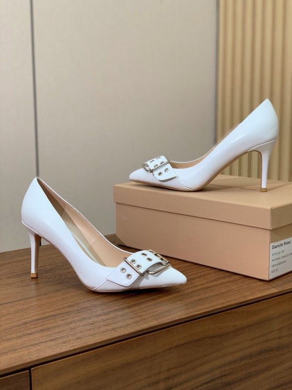 2025 Women Gianvito Rossi White Leather Buckle Pumps KFY00300