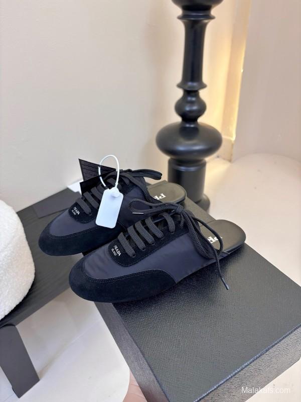 2025 Women Prada Black Suede Nylon Casual Lace-up Shoes