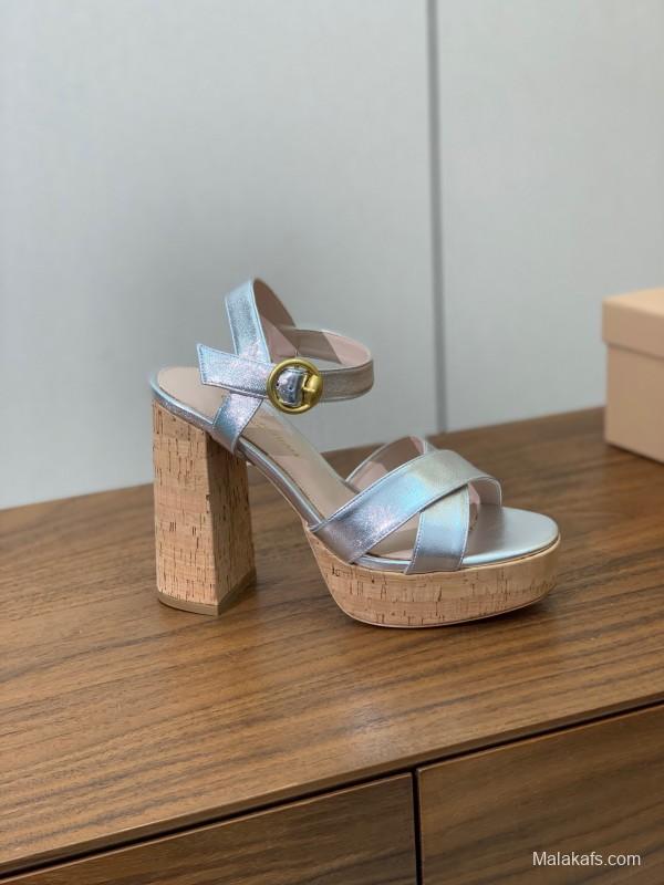 2025 Women Gianvito Rossi Silver Leather Platform Sandals