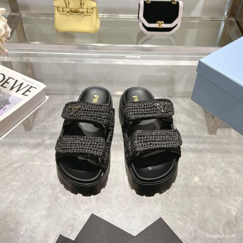 2025 Women Prada Black Woven Leather Sandals LY