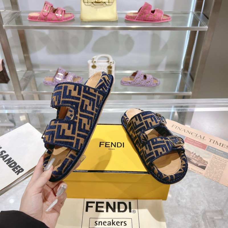 2025 Slippers Fendi Blue Brown Jacquard Buckle KFY00250
