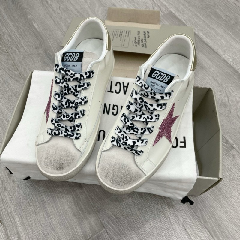 2025 Women GGDB White Pink Leather Sneakers Glitter Star