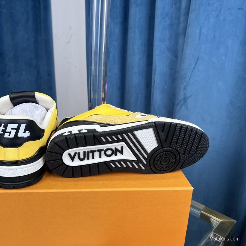 2025 Men Louis Vuitton Yellow Black Leather Suede Sneakers