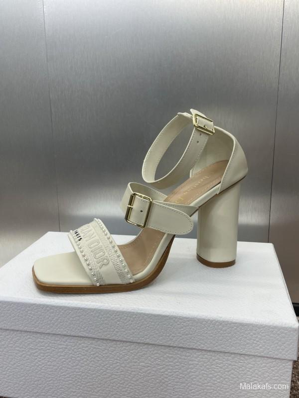 2025 Women Dior White Calfskin Leather Embroidered Sandals KFY00320