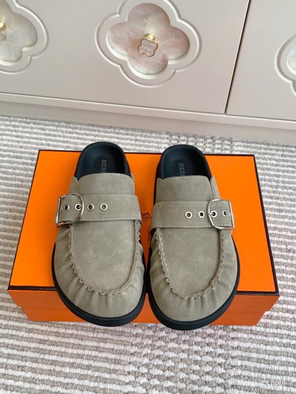 2025 Women Hermès Grey Suede Mule Shoe KFY00290