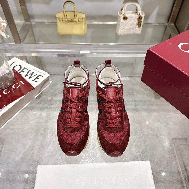 2025 Women Gucci Burgundy Red Suede Fabric Sneakers LY00340