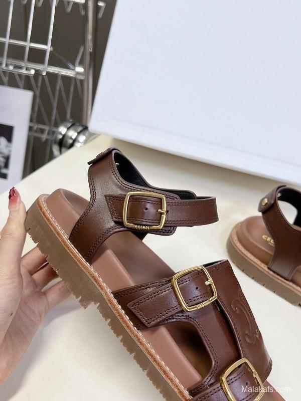 2025 Women Celine Brown Leather Sandals KFY00280