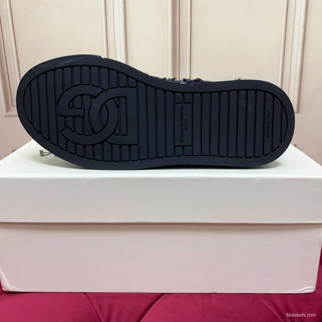 2025 Unisex Dolce & Gabbana Black White Fur Canvas Sneakers