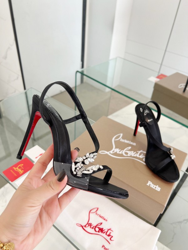 2025 Women ChristianLouboutin Black Satin High Heel Sandals Crystal Embellishment LY00300